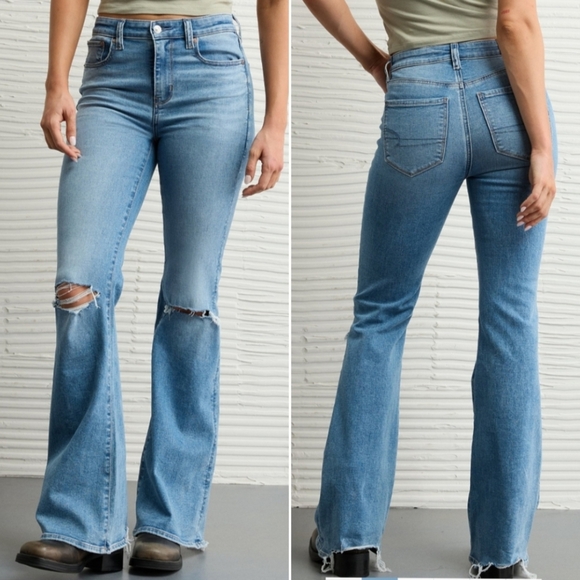 NEW American Eagle Super High Rise Flare Jeans Sz 14 Light Vintage Wash NWT - Picture 1 of 5